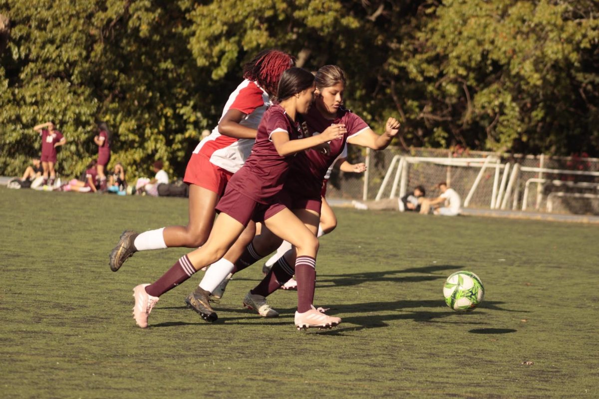 Players Stefanie Cantero Navarre #2 and Michelle Oriol Rodriguez #21 working together to stop the other team from getting the ball.